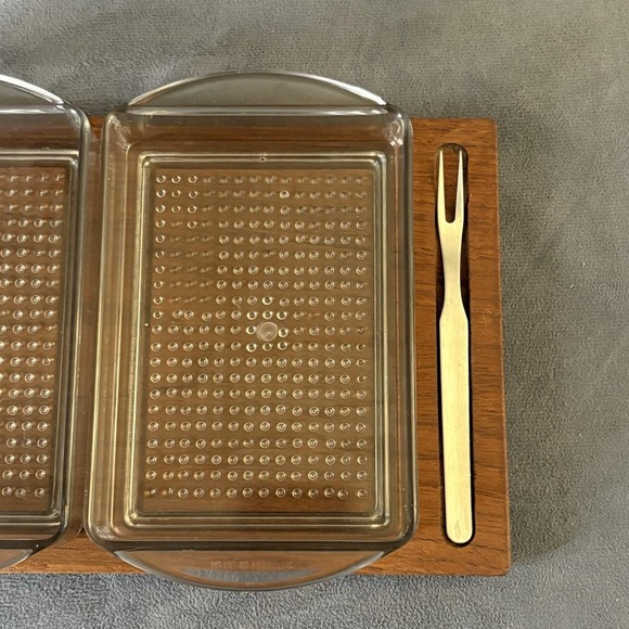 Mid Century Denmark Teak Appetizer Tray w/ Dual Plastic Inserts & Forks - Picture 6 of 12